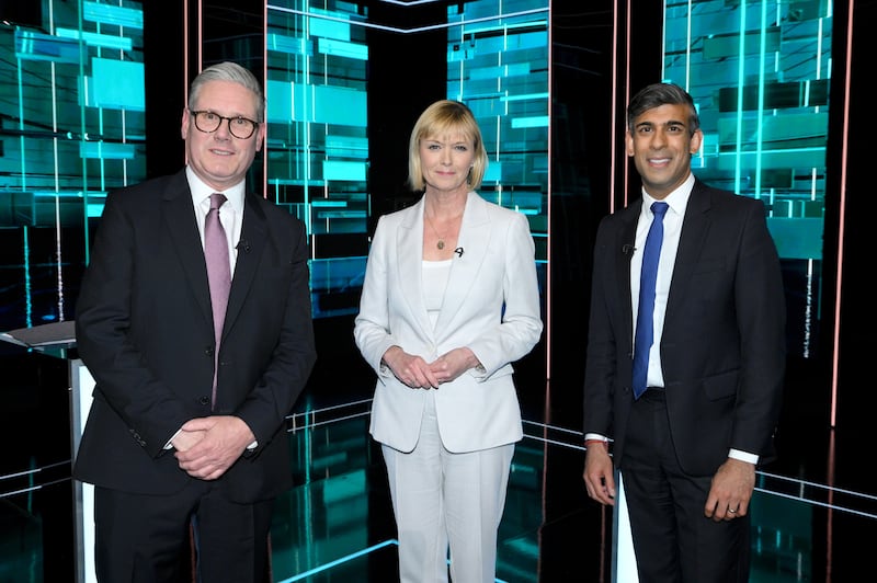 PM Rishi Sunak, host Julie Etchingham and Labour Party leader Sir Keir Starmer (Jonathan Hordle/ITV)