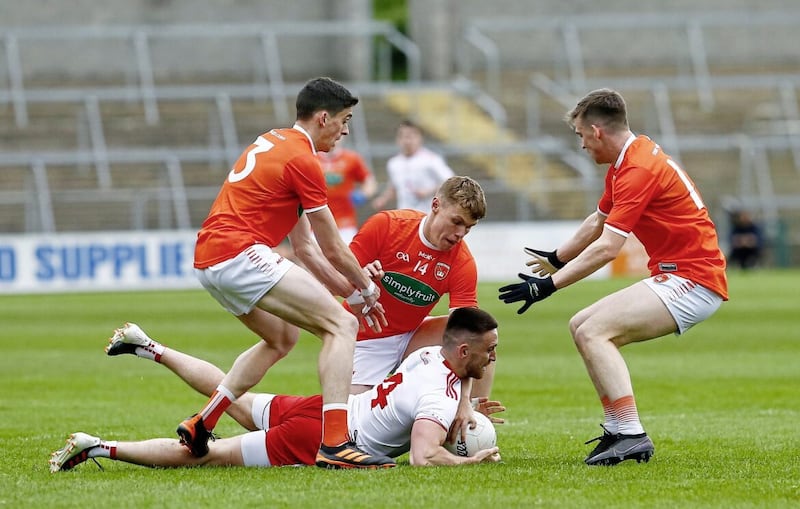 No way through for Tyrone&#39;s Padraig Hampsey against Armagh in a League clash at Healy Park, Omagh. Pic Philip Walsh 