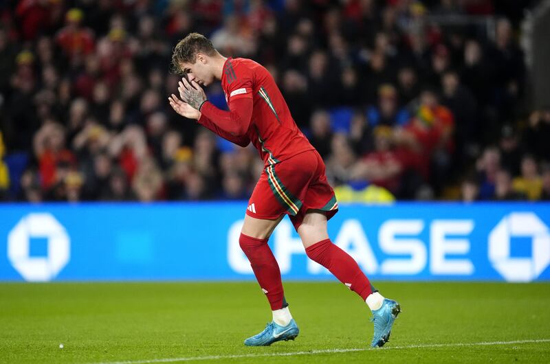 Joe Rodon shows his frustration after missing a good chance against Turkey