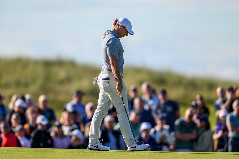 Rory McIlroy looked dejected after missing his birdie putt on the 16th hole in round two of the Scottish Open