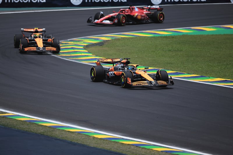 Oscar Piastri, bottom, led McLaren team-mate Lando Norris for much of the Brazilian Grand Prix sprint race (Ettore Chiereguini/AP)