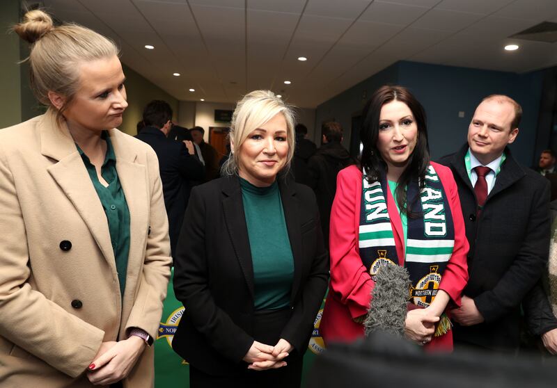 (left to right) Sinn Fein MLA Aisling Reilly, First Minister Michelle O'Neill and Deputy First Minister Emma Little-Pengelly pose for a photo before the UEFA Women's Nations League Semi Final 2nd leg match at Windsor Park, Belfast. Picture date: Tuesday February 27, 2024. PA Photo. See PA story ULSTER Windsor. Photo credit should read: Liam McBurney/PA Wire

Use subject to FA restrictions. Editorial use only. Commercial use only with prior written consent of the FA. No editing except cropping.
