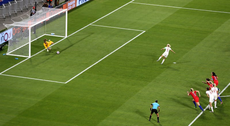 Naeher saves Steph Houghton’s penalty in the 2019 World Cup semi-finals