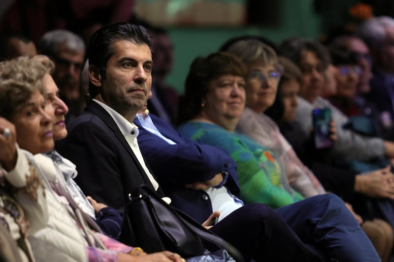 Kiril Petkov, leader of We Continue the Change party, is seen among his supporters Sunday in Sofia (Valentina Petrova/AP)