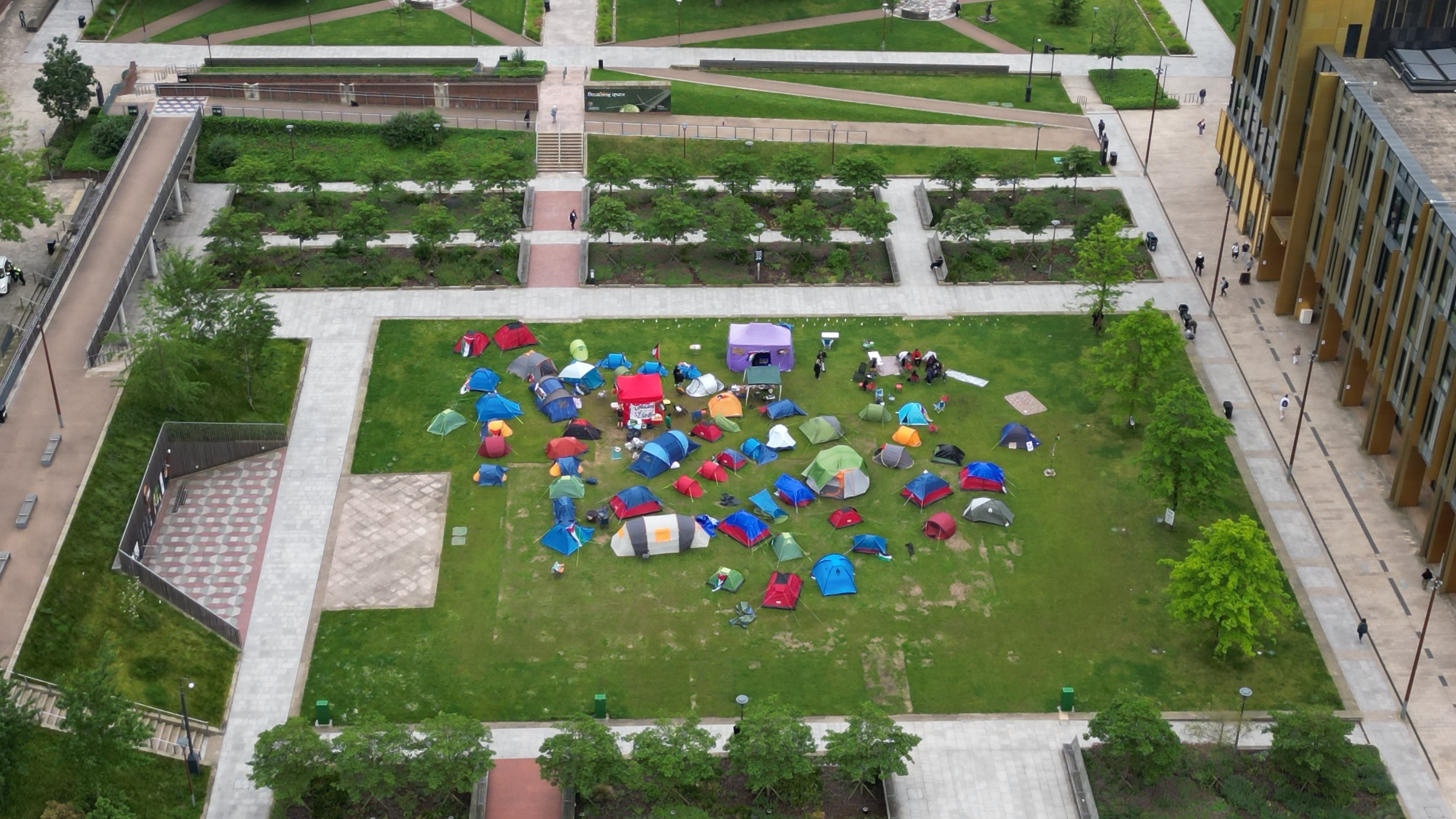 Drone footage of the Gaza war protest encampment at the University of Birmingham in May