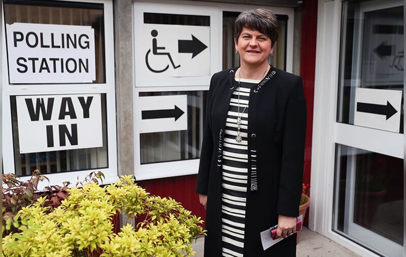 Arlene Foster, DUP leader, arrives at Brookeborough Primary School, Co Fermanagh, to cast her vote in the 2017 General Election. Picture by Brian Lawless, PA