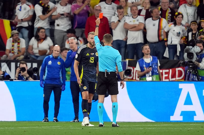 Scotland’s Ryan Porteous is sent off against Germany