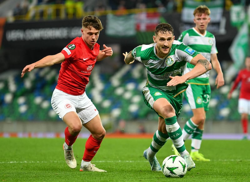 Matty Lusty of Larne and Lee Grace of Shamrock Rovers at this Evening’s game at the National Football Stadium at Windsor Park, Belfast