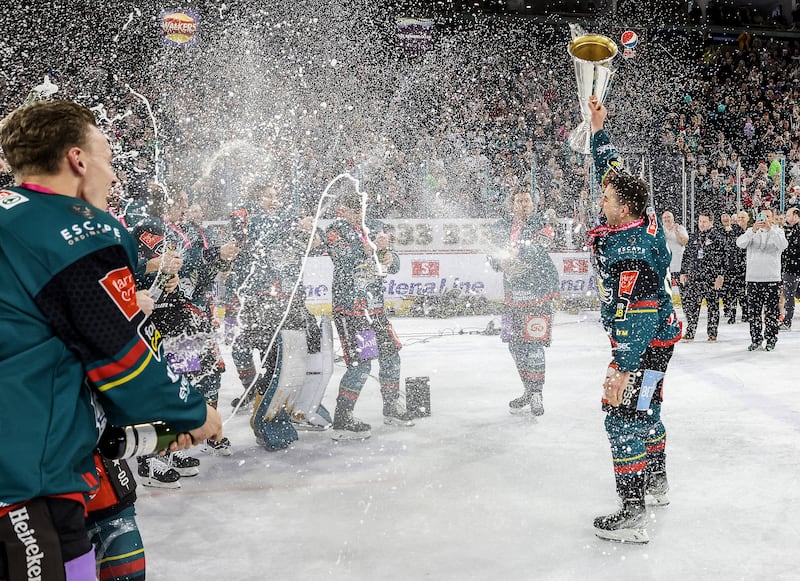 Press Eye - Belfast, Northern Ireland - 01st April 2023 - Photo by William Cherry/Presseye

Belfast Giants captain David Goodwin is presented the Elite Ice Hockey League trophy as they are crowned Champions after defeating the Guildford Flames at the SSE Arena, Belfast.     Photo by William Cherry/Presseye