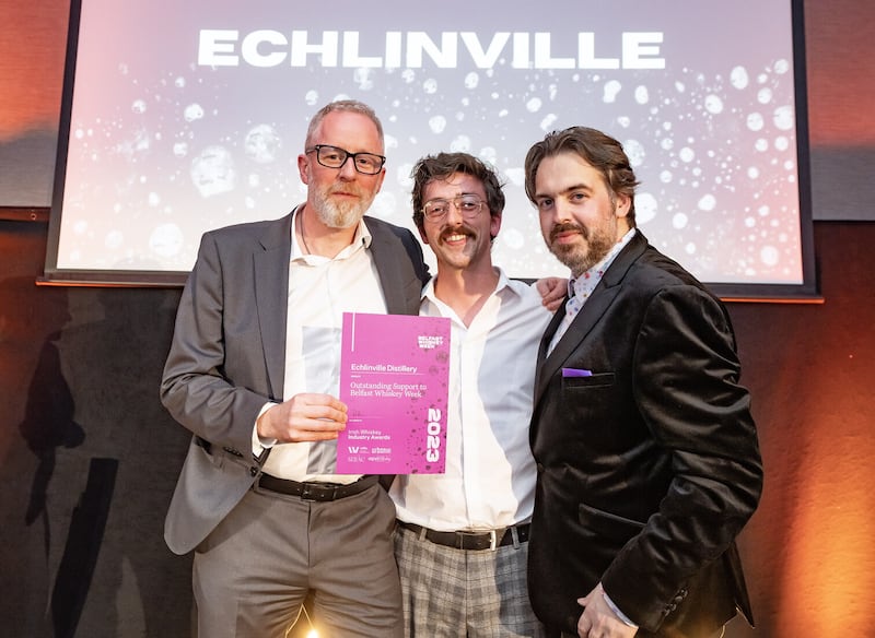 Belfast Whiskey Week Festival founder Paul Kane (right) with Jarlath Watson (left) and Séamus Óg Birt from Echlinville, winner of Outstanding Support to Belfast Whiskey Week.