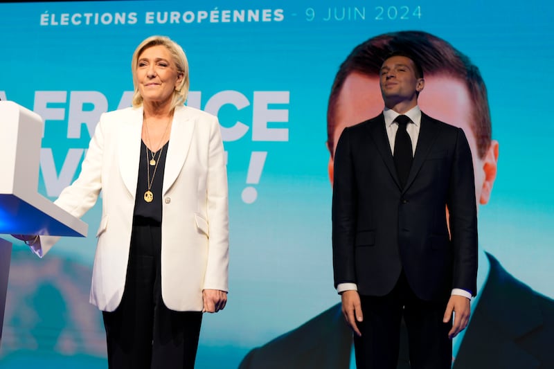 French far-right leader Marine Le Pen and Jordan Bardella, president of the French far-right National Rally, at the party election night headquarters in Paris (Lewis Joly/AP)