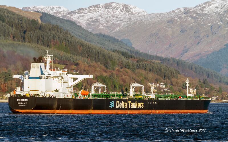 The Greek-flagged oil tanker Sounion is seen heading into the Finnart Ocean Terminal in the UK (David Mackinnon/AP)