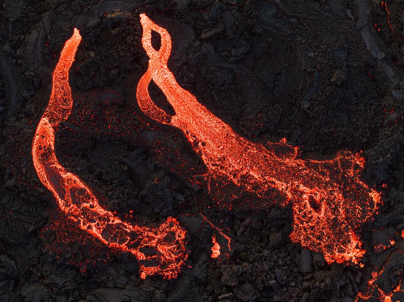 Aerial view taken by airplane of Litli-Hrutur volcano during an eruption on the Reykjanes Peninsula