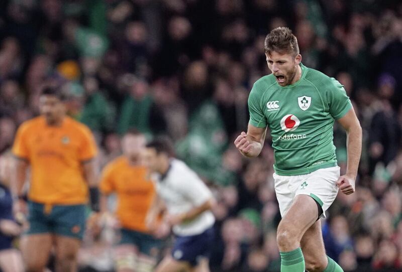 Ireland's Ross Byrne celebrates after kicking a late penalty to win the game during the Autumn International match at the Aviva Stadium in Dublin, Ireland Picture: Brian Lawless/PA 