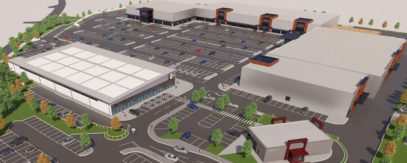 A digitally rendered impression of how the Lakelands Retail Park in Enniskillen would look with a new build Lidl supermarket.