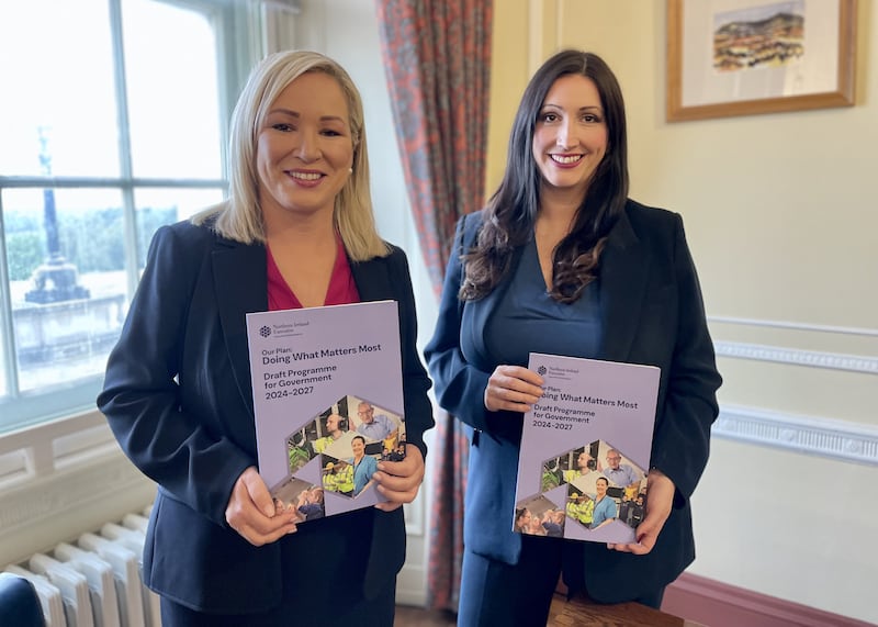 First Minister Michelle O’Neill and deputy First Minister Emma Little Pengelly in Parliament Buildings at Stormont on Monday