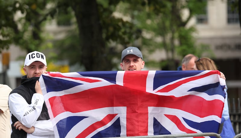 Anti-immigration protesters at Belfast City Hall on Friday evening.
PICTURE COLM LENAGHAN