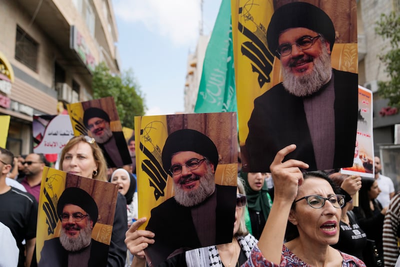 Pro-Palestinian activists have marked the killing of the Hezbollah chief Hassan Nasrallah (AP)