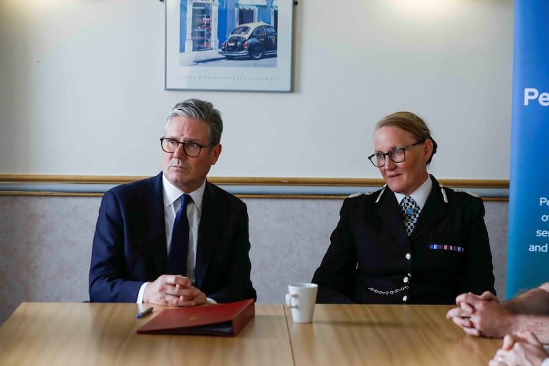 Prime Minister Sir Keir Starmer attends a briefing with Chief Constable Serena Kennedy at Southport Police Station (Temilade Adelaja/AP)