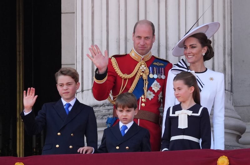 Prince George, the Prince of Wales, Prince Louis, the Princess of Wales and Princess Charlotte on the balcony of Buckingham Palace