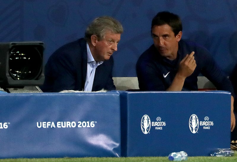 Gary Neville (centre) was part of Roy Hodgson’s coaching staff at Euro 2016