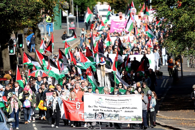 A march and rally from Queens University to the US Consulate in South Belfast calling for a ceasefire in Palestine and Lebanon. PICTURE: MAL MCCANN