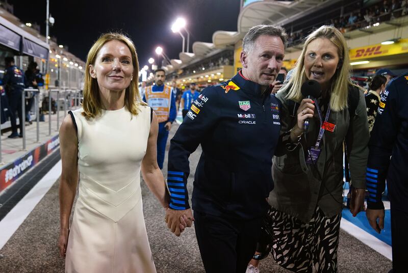 Christian Horner (centre) and wife Geri (left) were in the pit lane after Red Bull’s Max Verstappen won the season-opening Bahrain Grand Prix