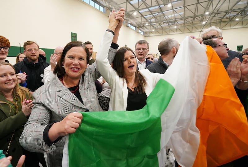 Sinn Fein Leader Mary Lou McDonald, left, celebrates with Sinn Fein candidate Kathleen Funchion