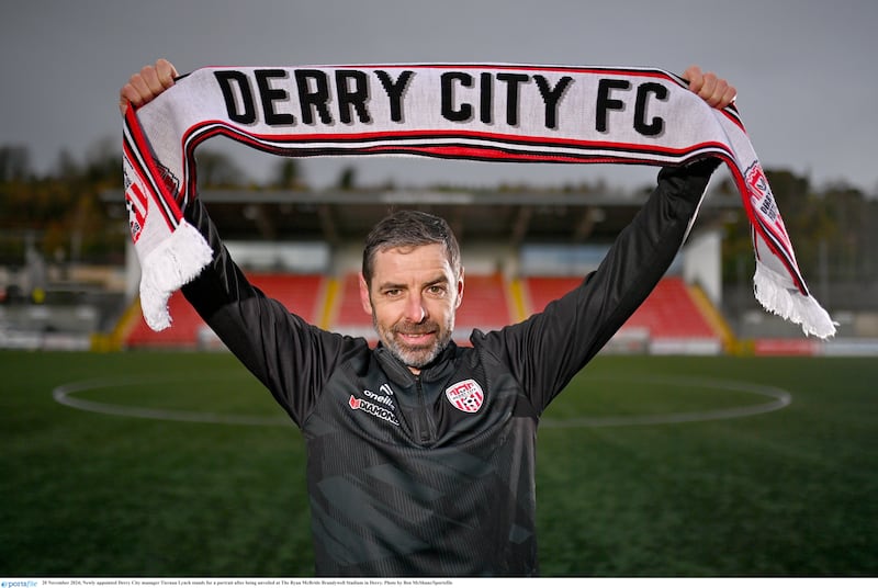 20 November 2024; Newly appointed Derry City manager Tiernan Lynch stands for a portrait after being unveiled at The Ryan McBride Brandywell Stadium in Derry. Photo by Ben McShane/Sportsfile