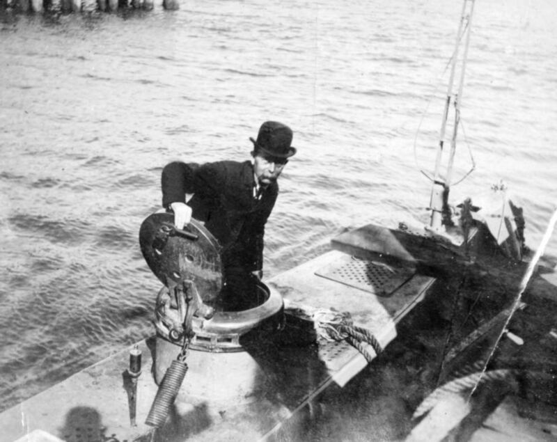 John Philip Holland in the conning tower of one of his prototype submarines. His &#39;Fenian Ram&#39;, built for the IRB, is today on display in the Paterson Museum in New Jersey 