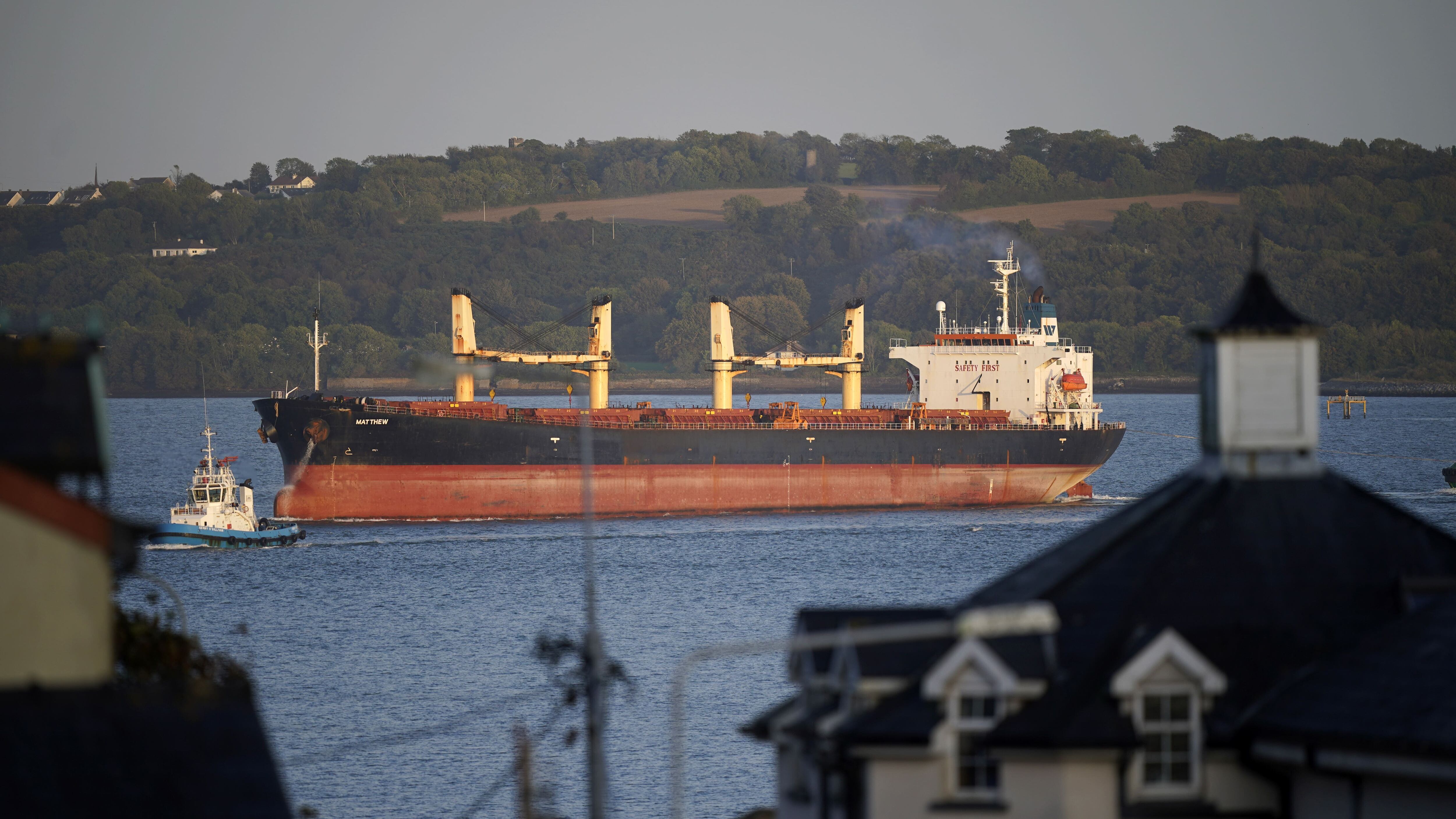 Cargo vessel MV Matthew being escorted into Cobh in Cork (Niall Carson/PA)