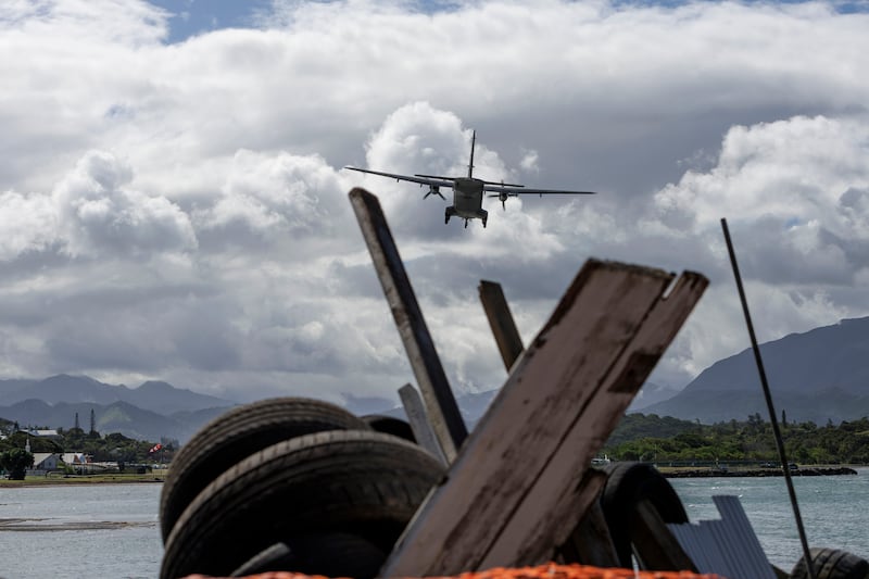 A French military plane arrives at Noumea-Magenta airport (Cedric Jacquot/AP)