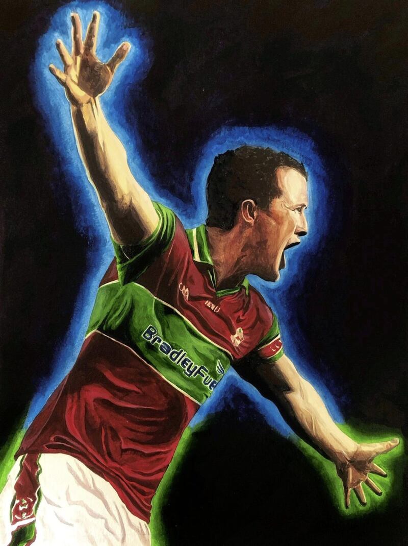 Eoghan Rua team-mate Barry McGoldrick asked Ruairi Mooney to paint this image of him celebrating the club&#39;s 2010 Derry championship success 