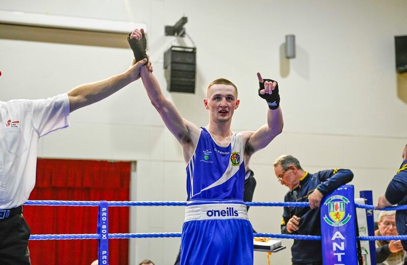 Cahir Gormley of IIIes GG celebrates after his 67kg Ulster Elite final win on Friday night. Picture by Mark Marlow