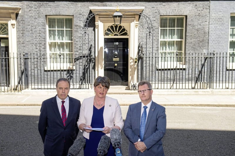 DUP leader Arlene Foster at No 10 alongside Jeffrey Donaldson and Nigel Dodds. Picture by Dominic Lipinski/PA Wire