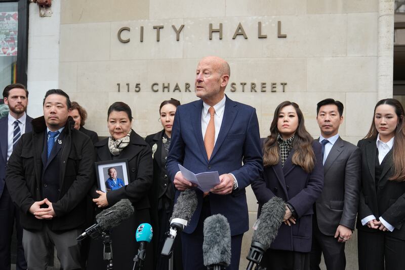 Philip Shepherd KC speaking whilst in front of the family of Vichai Srivaddhanaprabha