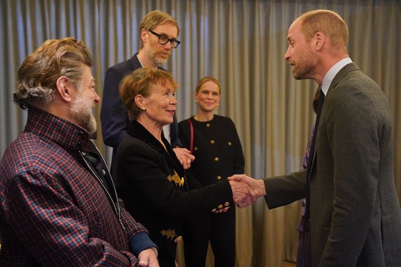 The Prince of Wales speaks to (left to right) Andy Serkis, Celia Imrie, Stephen Merchant and Mircea Monroe during the visit