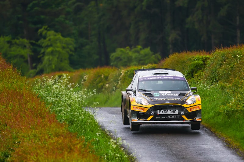 Garry Pearson driving his Ford Fiesta Rally 2 with former co-driver Daniel Barritt in the passenger's seat