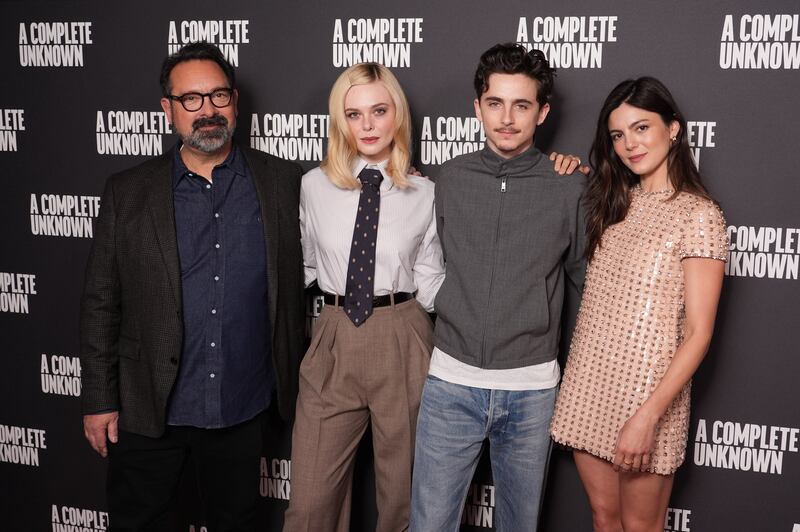 From left, James Mangold, Elle Fanning, Timothee Chalamet and Monica Barbaro