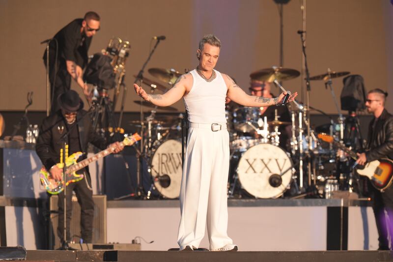 Robbie Williams performing on stage at BST Hyde Park in London