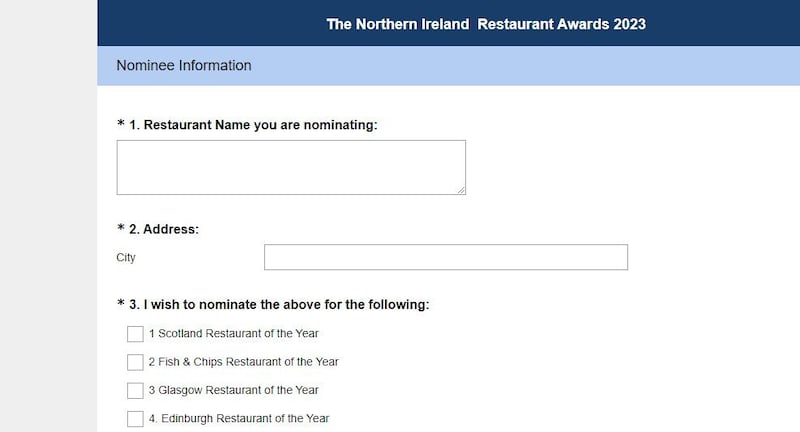 The online voting form for The Northern Ireland Restaurant Awards. Categories include Scotland Restaurant of the Year as well as Glasgow and Edinburgh restaurants of the year.