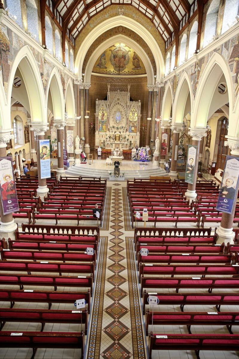 Fr Peter Burns preaches on the last day of the Clonard Novena during covid restrictions. Picture by Mal McCann. 