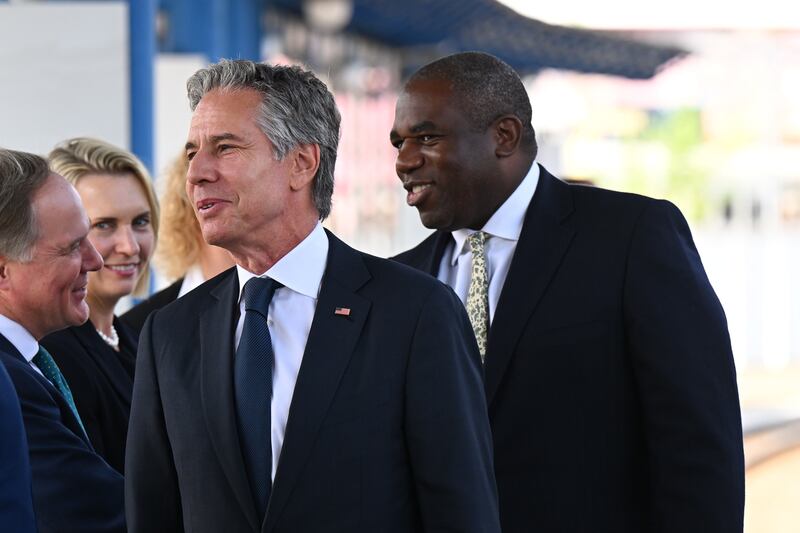 Foreign Secretary David Lammy and US Secretary of State Antony Blinken arrive at Kyiv train station during a visit to Ukraine