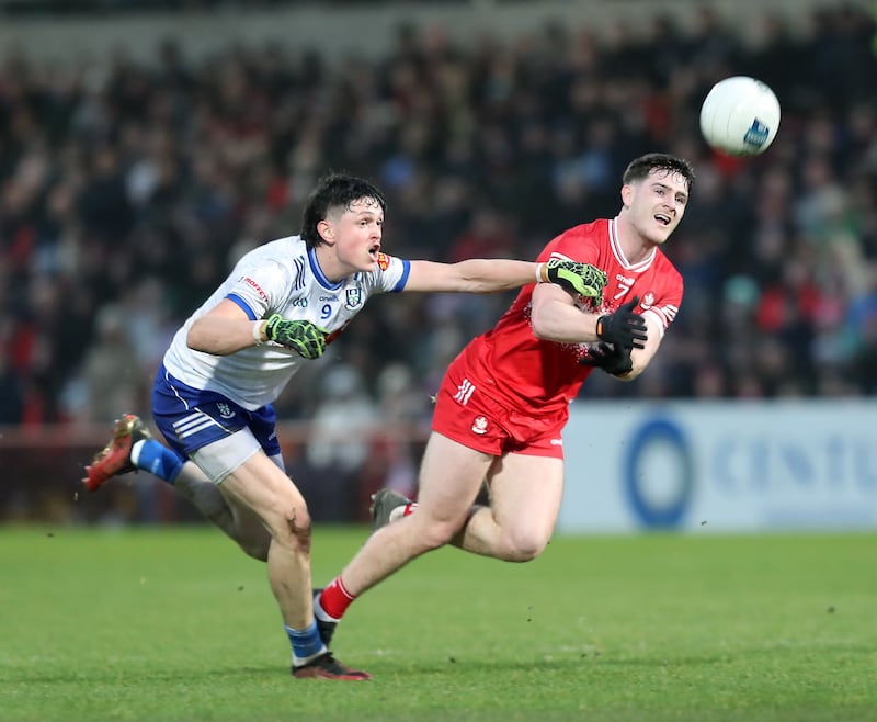 Padraig McGrogan, who scored Derry's second goal on Saturday night, escapes the attention of Monaghan's Gary Mohan. Picture by Margaret McLaughlin