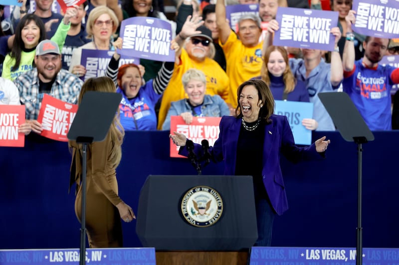 Democratic presidential nominee Vice President Kamala Harris, right, stands with Jennifer Lopez during a campaign rally (Steve Marcus/AP)