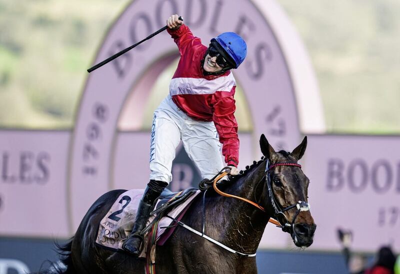 Rachael Blackmore celebrates on A Plus Tard after winning last season's Gold Cup for trainer Henry de Bromhead