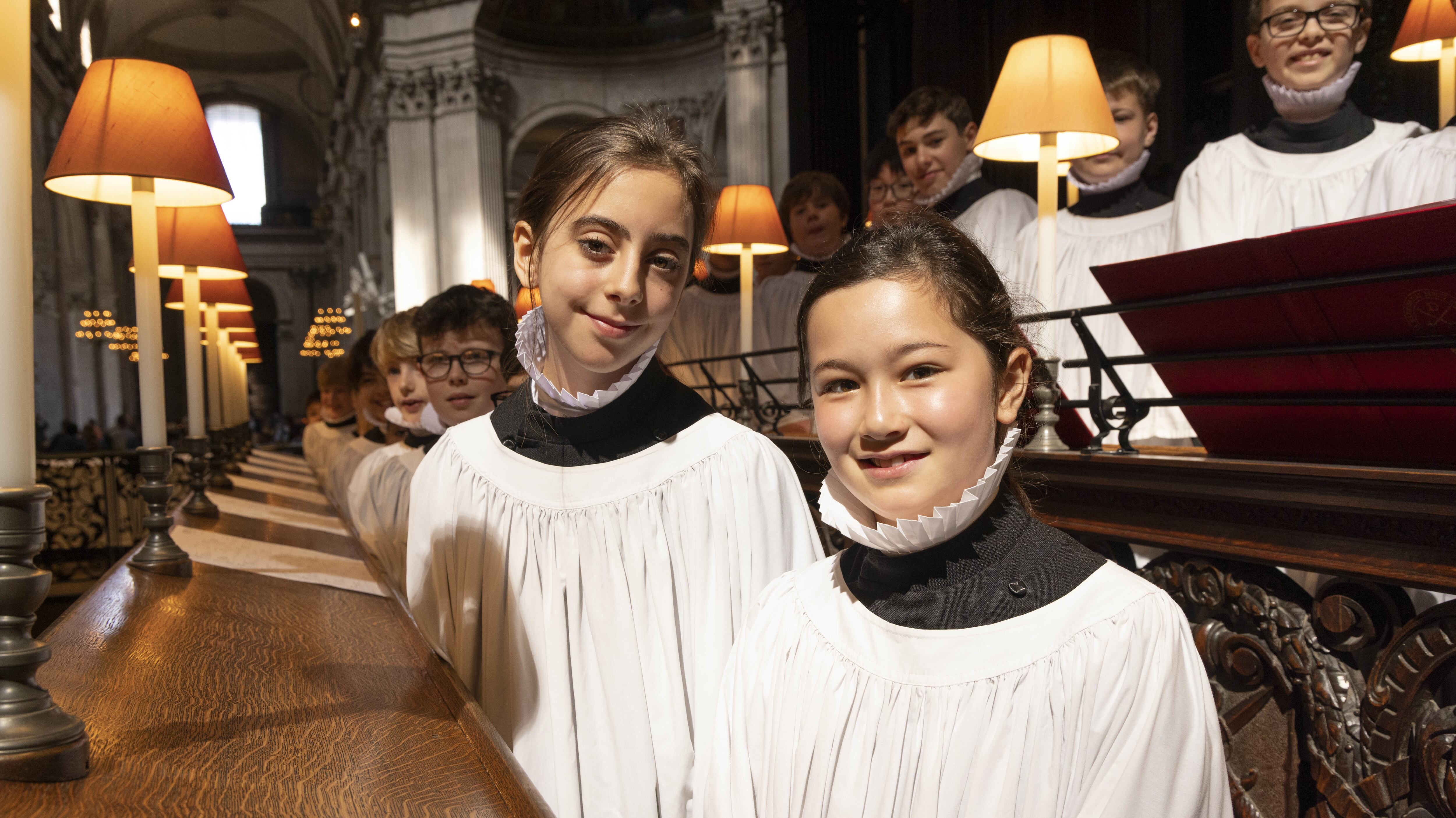Choristers Lila, 11 and Lois (right), 10, at St Paul’s Cathedral in London, as for the first time girl choristers will formally join the St Paul’s Cathedral Choir as full choristers