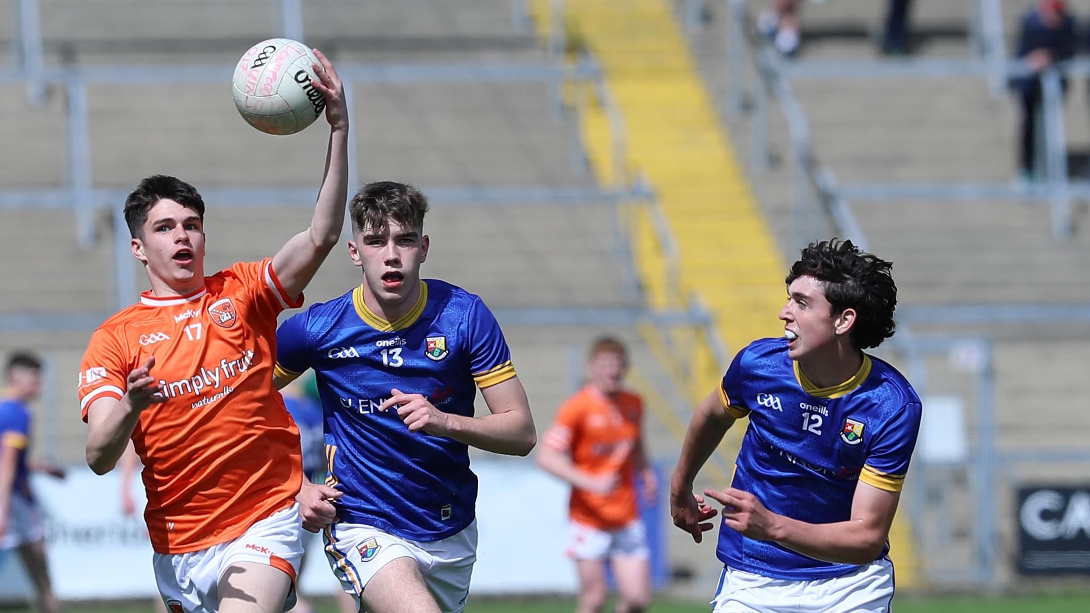 Longford's James Shannon and Luke Donnelly Armagh's Aaron Garvey in action during the Electric Ireland All-Ireland Minor Football  Championship quarter-final between Longford and Armagh at Kingspan Breffni, Cavan  Picture: Philip Walsh