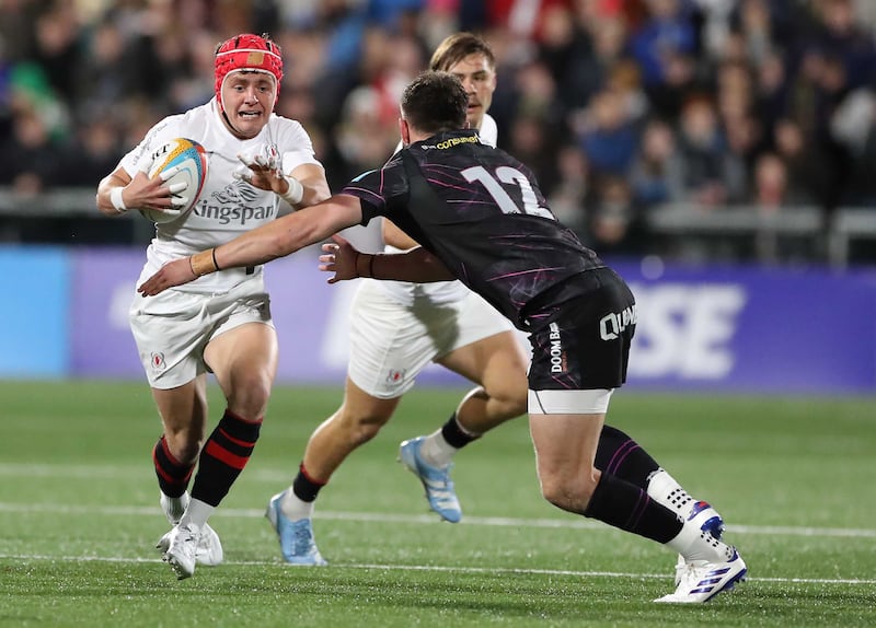 Ulster's Mike Lowry and Ospreys Owen Williams  during Friday night's BKT United Rugby Championship match at Kingspan Stadium.
Picture: Brian Little