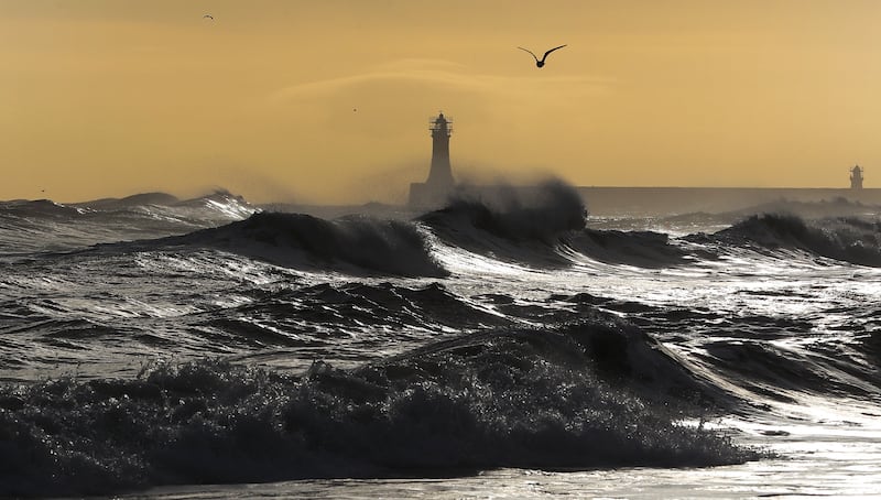 Rough seas along the Longsands at Tynemouth on the North East coast of England